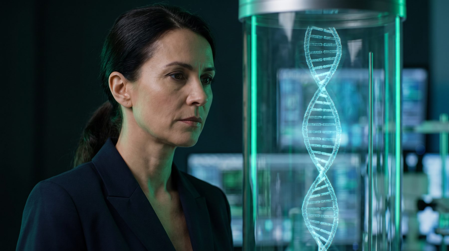 Médica diante de hélice de DNA holográfica